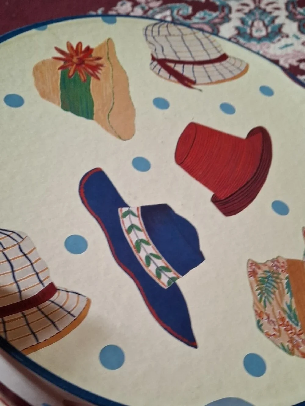 Decorative Round Hat Box with Colorful Hat Pattern - Picture 3 of 5